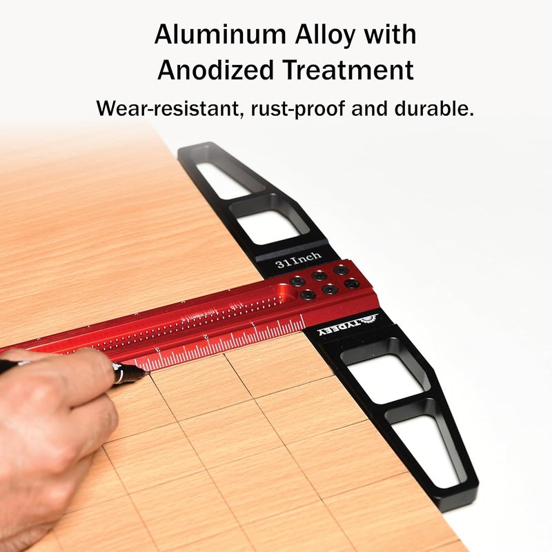 Tydeey 12, 24, 31, 39 in Precision Ruler Square T-Shaped Woodworking Scriber Measuring Tool, Aluminum Alloy Architect Ruler for Carpenter Work, T Type Wood Layout and Measuring Tools (31 inch) - Image 2